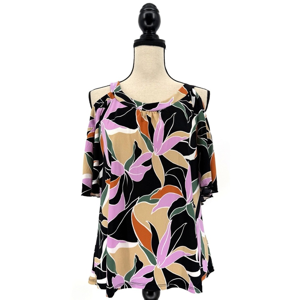 Adele & May Blouse Womens L Cold Shoulder Flutter Sleeve Tropical Floral Stretch
